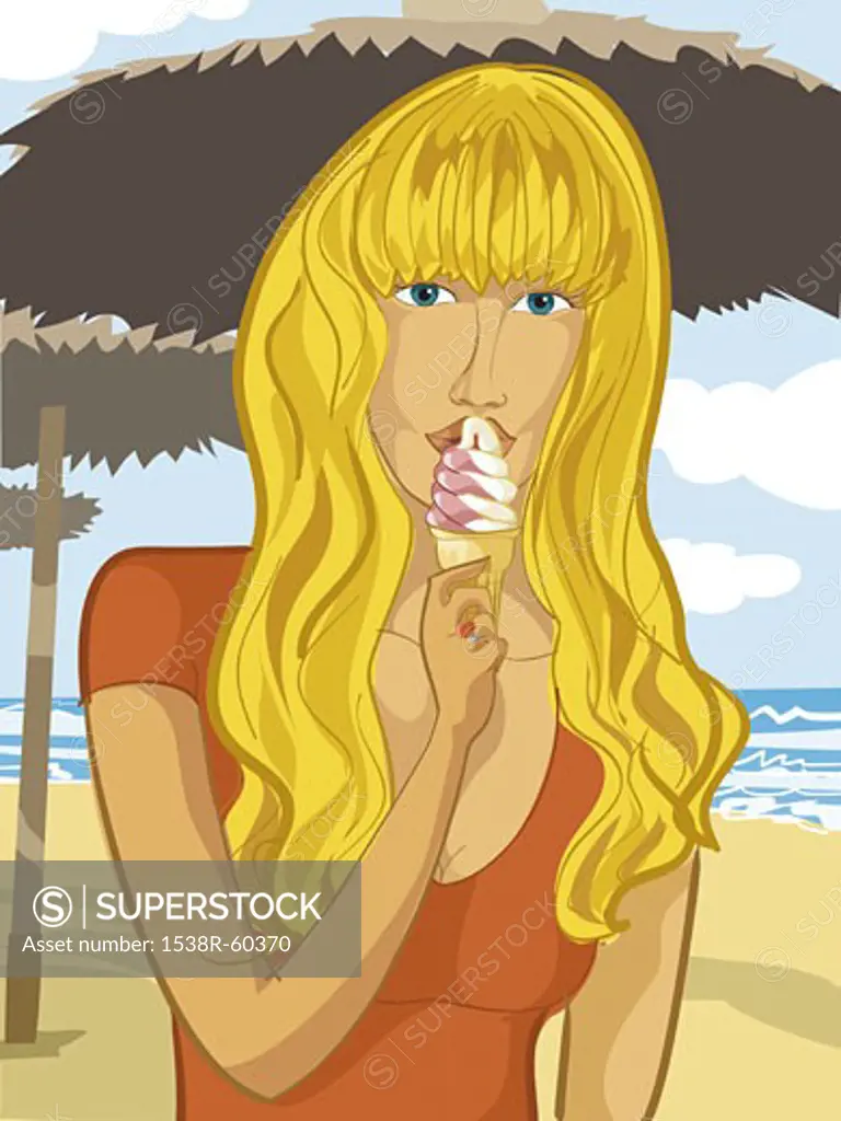 A young woman eating an ice cream cone on the beach