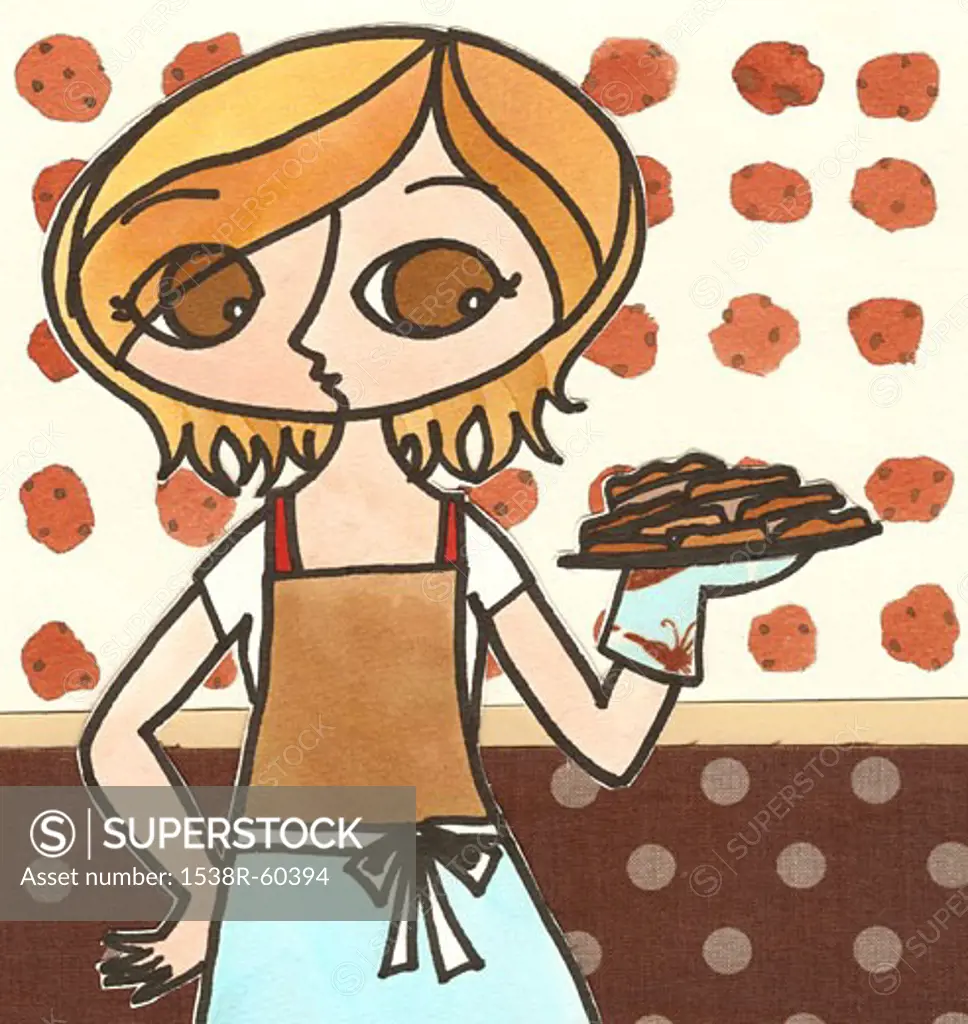 A woman holding a tray of freshly baked cookies