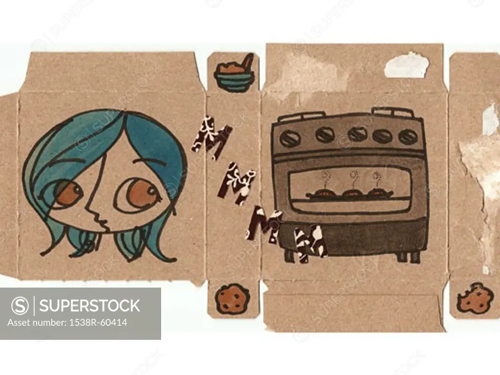 A woman baking cookies illustrated on an open package