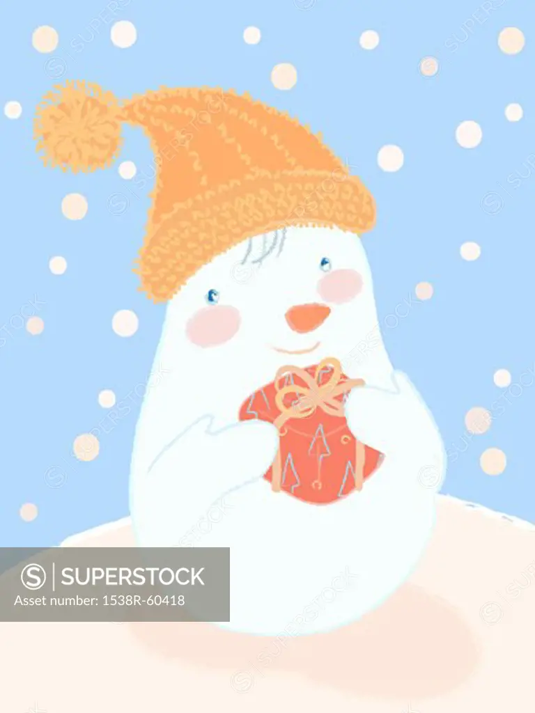 A snowman holding a present