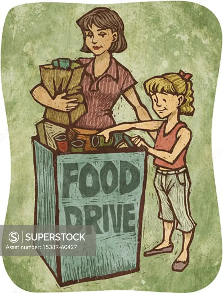 A mother and daughter bringing donations to a food drive