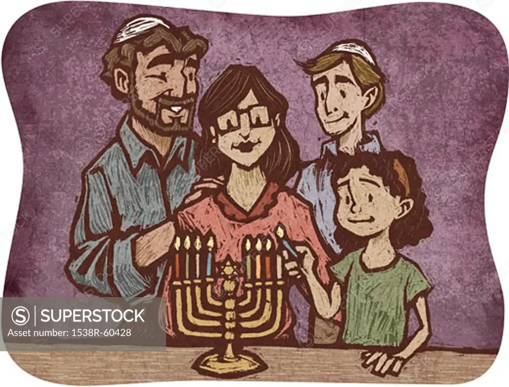 A Jewish family lighting the Menorah