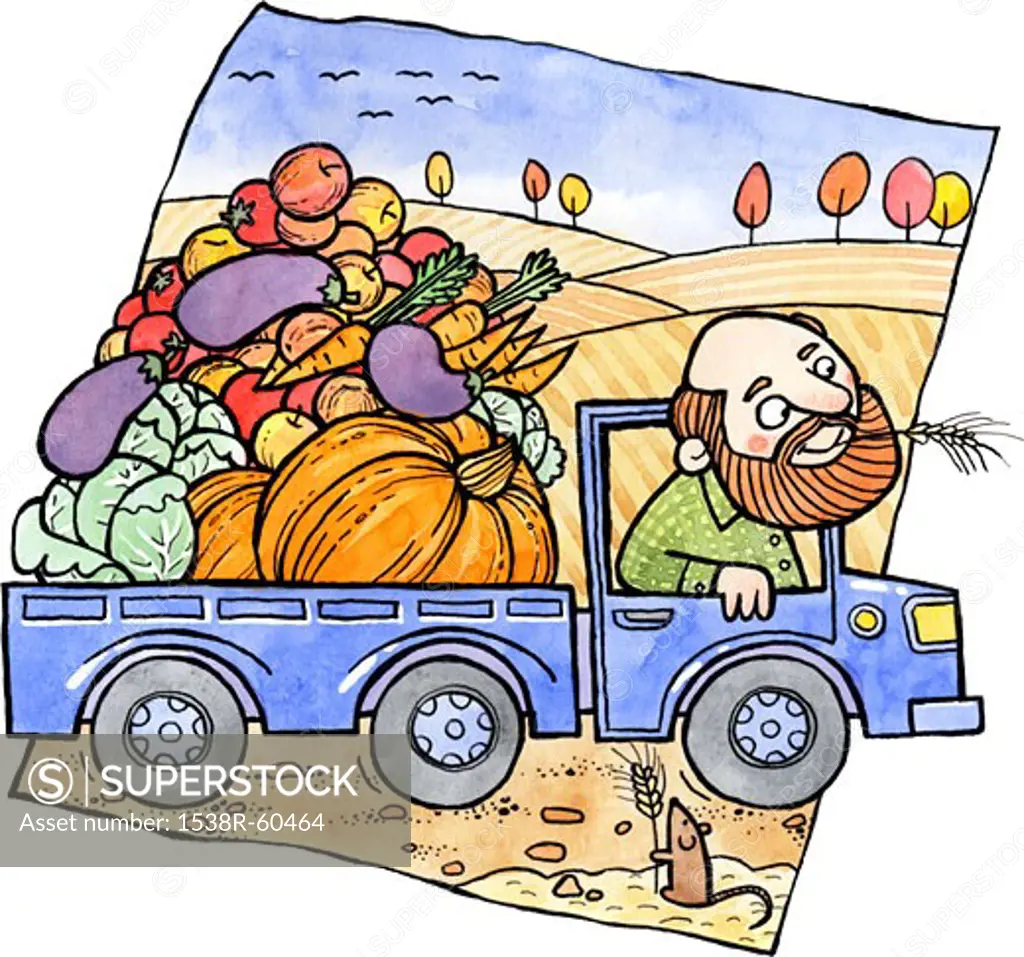 A farmer driving a truck full of autumn vegetables