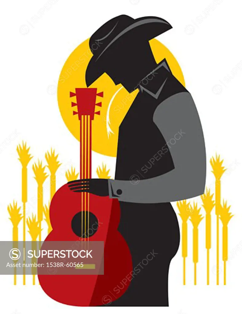 A cowboy holding a guitar at a country music festival