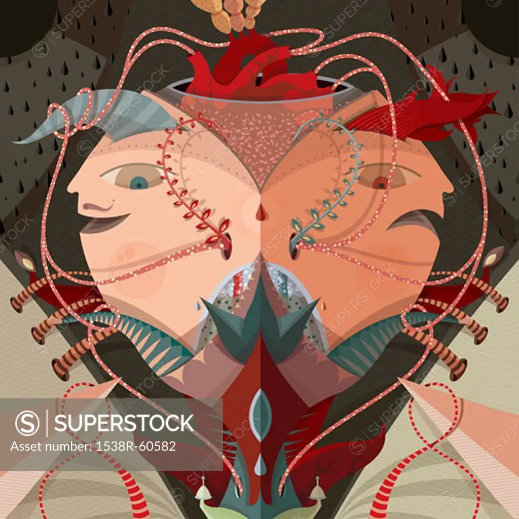 A whimsical fantasy illustration of a heart pumping blood into two people