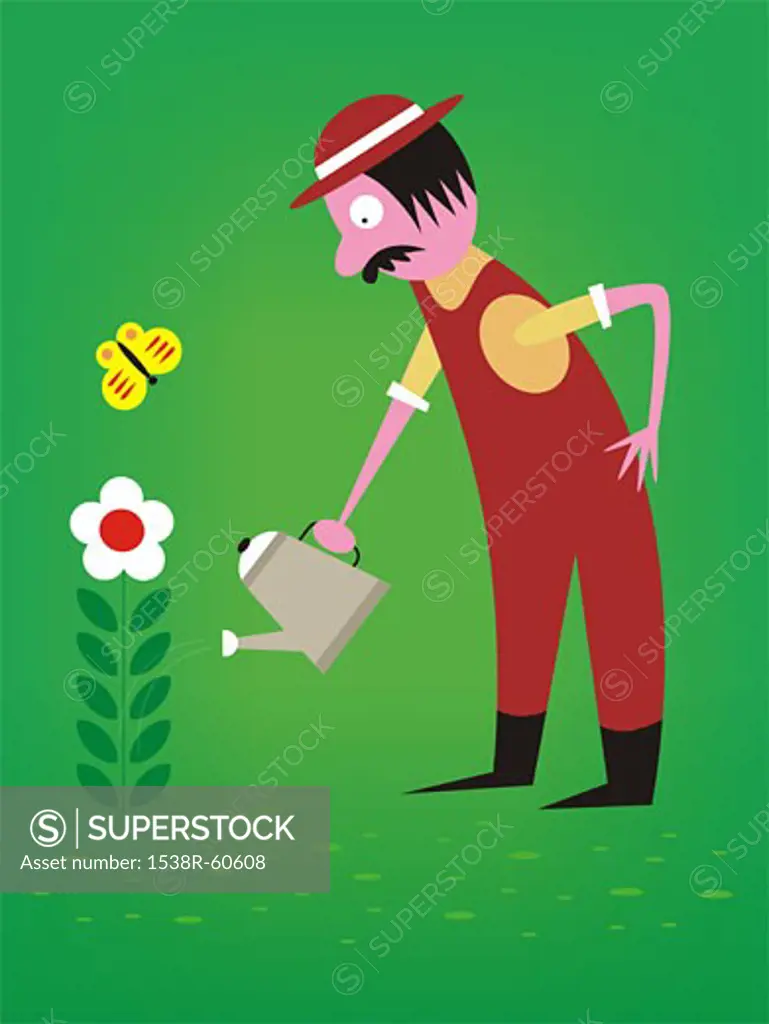A man watering a flower