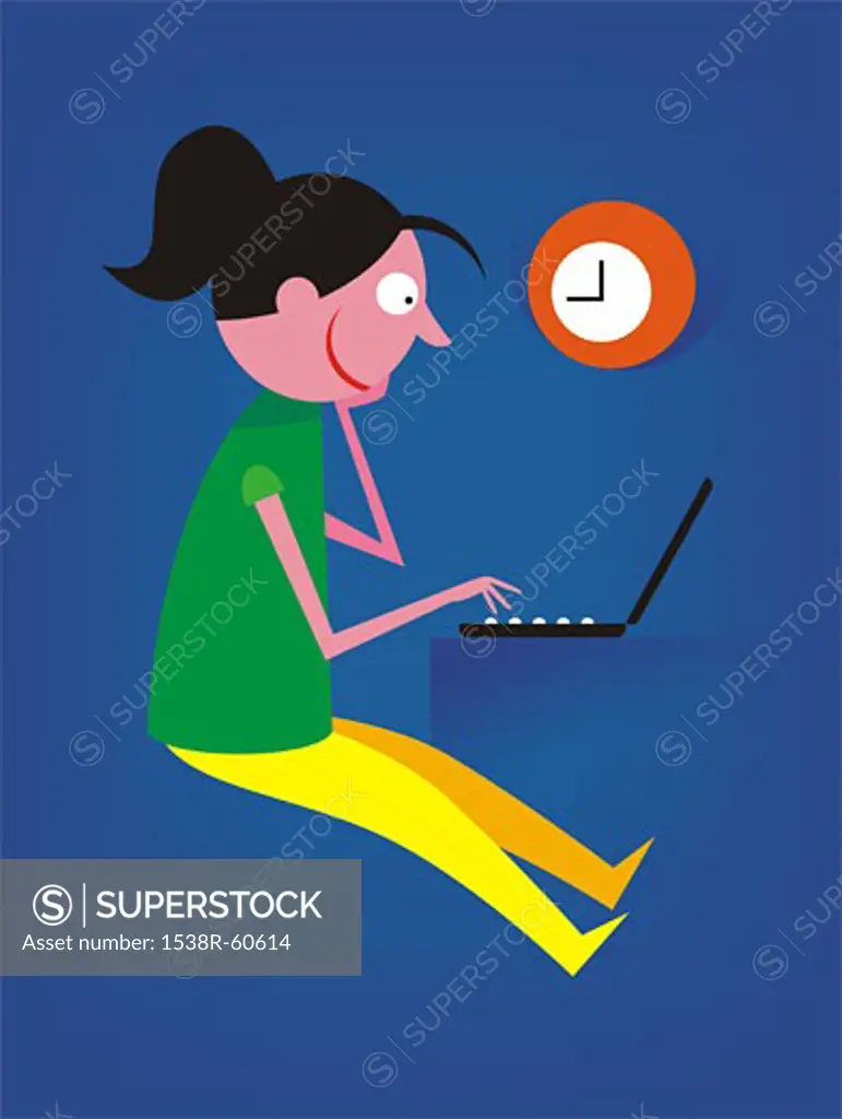 A woman working on a laptop and a clock on the wall behind her