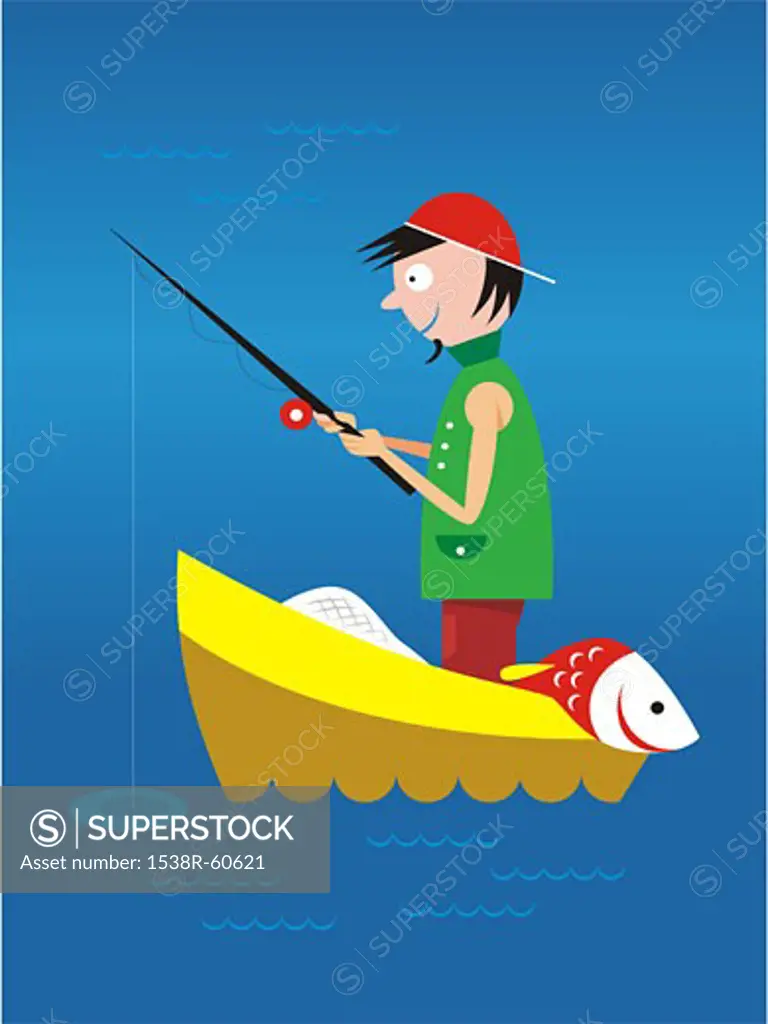 A man fishing in a boat on the water