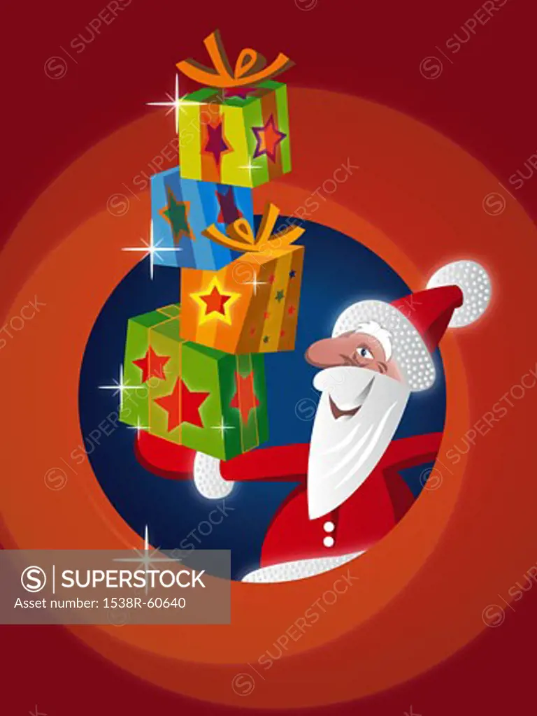 Santa Claus holding a stack of gifts