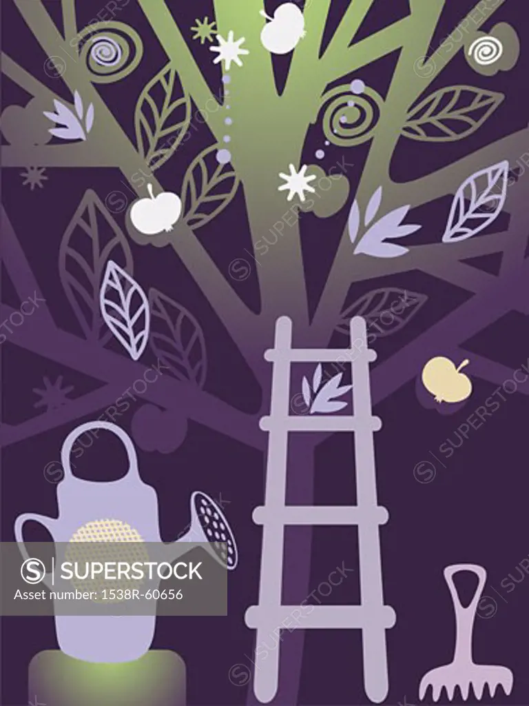 A watering can, a rake, and a ladder propped against an apple tree