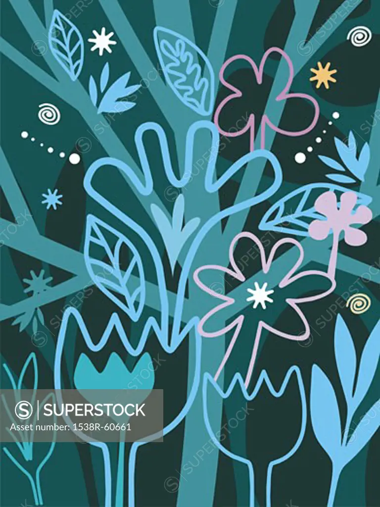 A whimsical illustration of flowers and trees