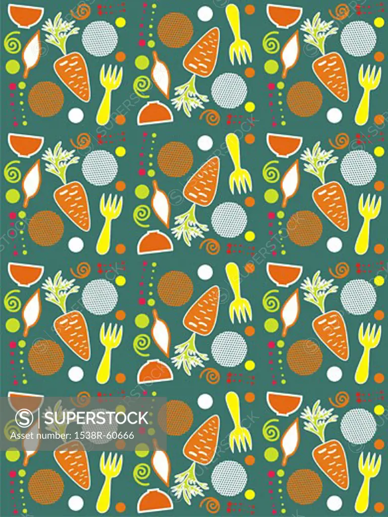 An illustration of carrots, forks, bowls and vegetables