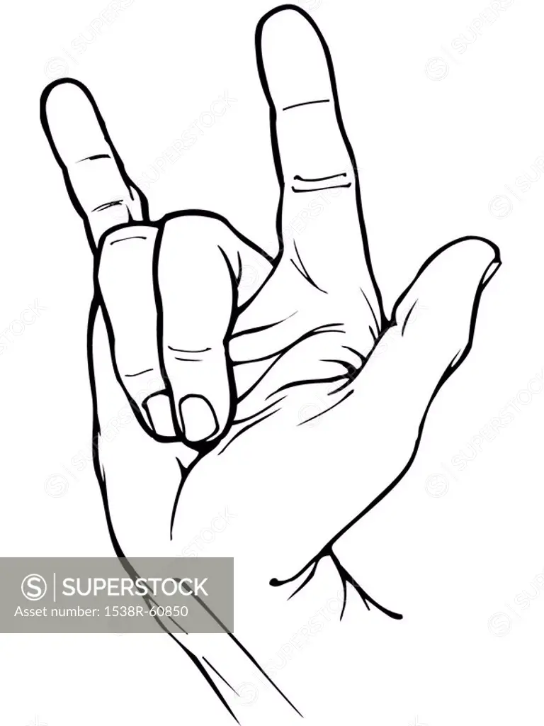 A black and white drawing of a hand symbol