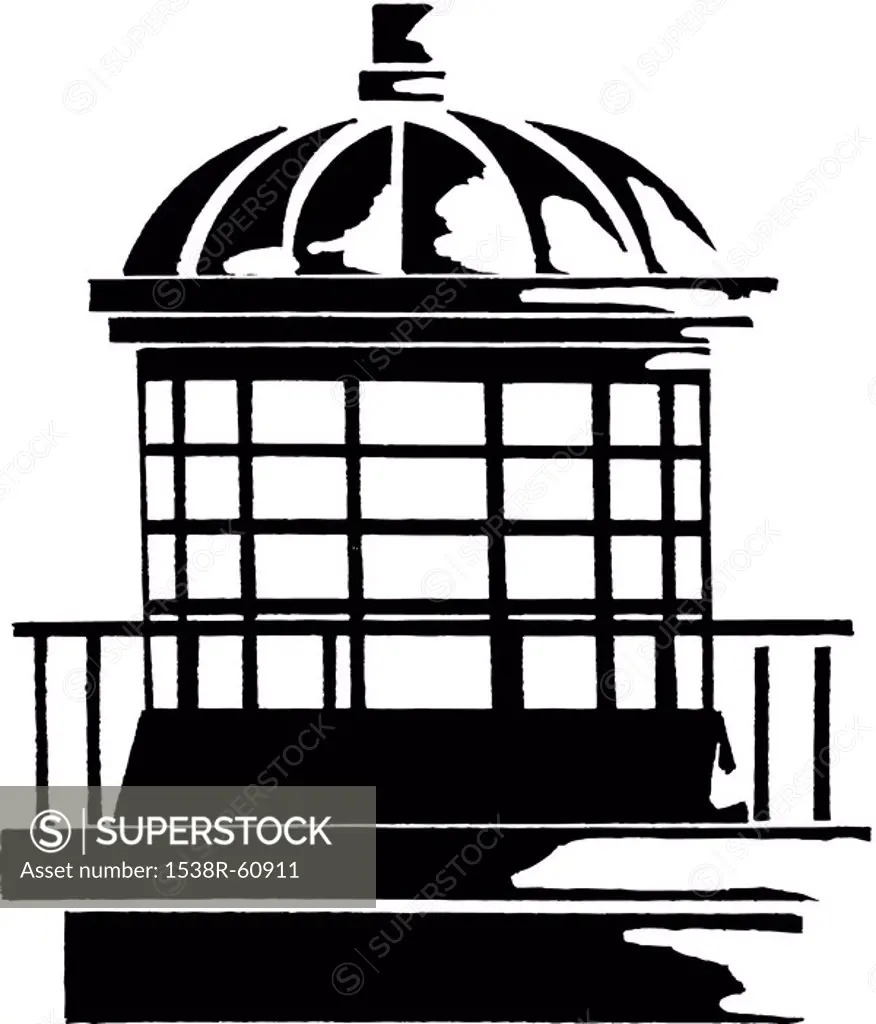 A black and white drawing of the top part of a lighthouse