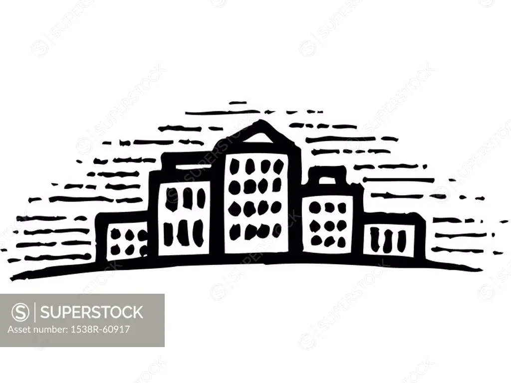 A black and white illustration of a skyline