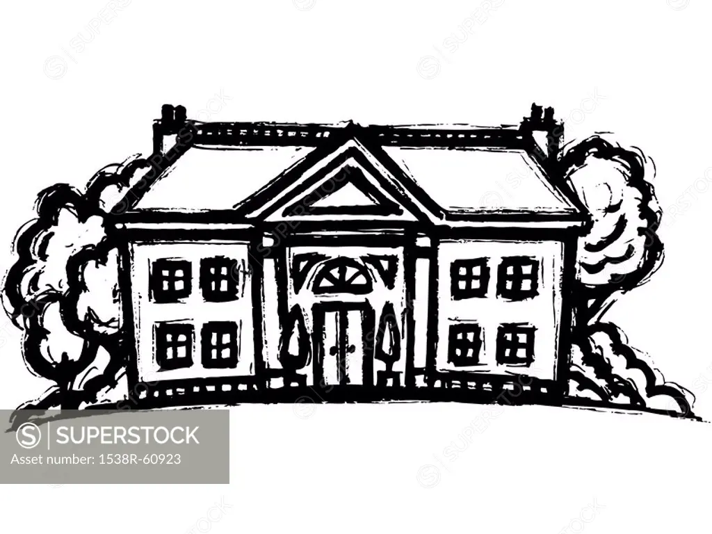 A black and white drawing of a mansion