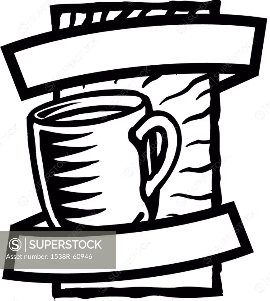 A black and white illustration of a mug logo