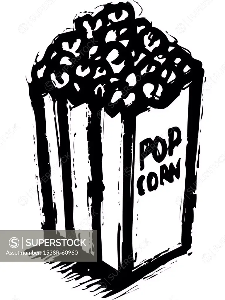 A black and white pictorial illustration of a bag of popcorn