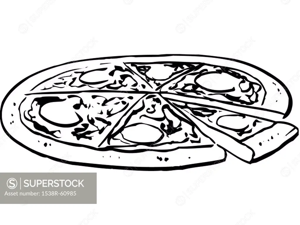 An black and white illustration of a whole pizza
