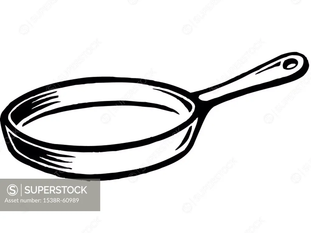 A black and white illustration of a frying pan