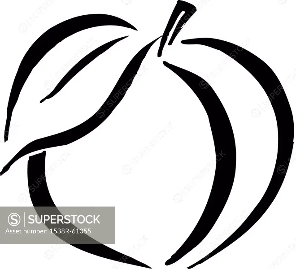 A black and white pictorial illustration of a peach with a leaf
