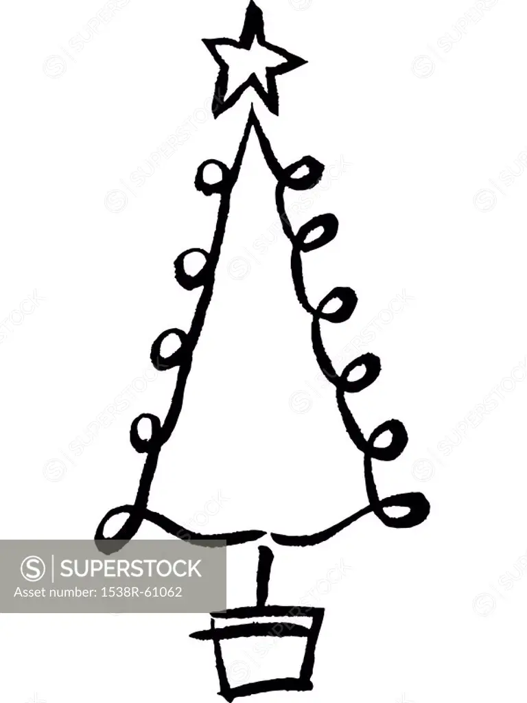 A black and white drawing of a whimsical christmas tree