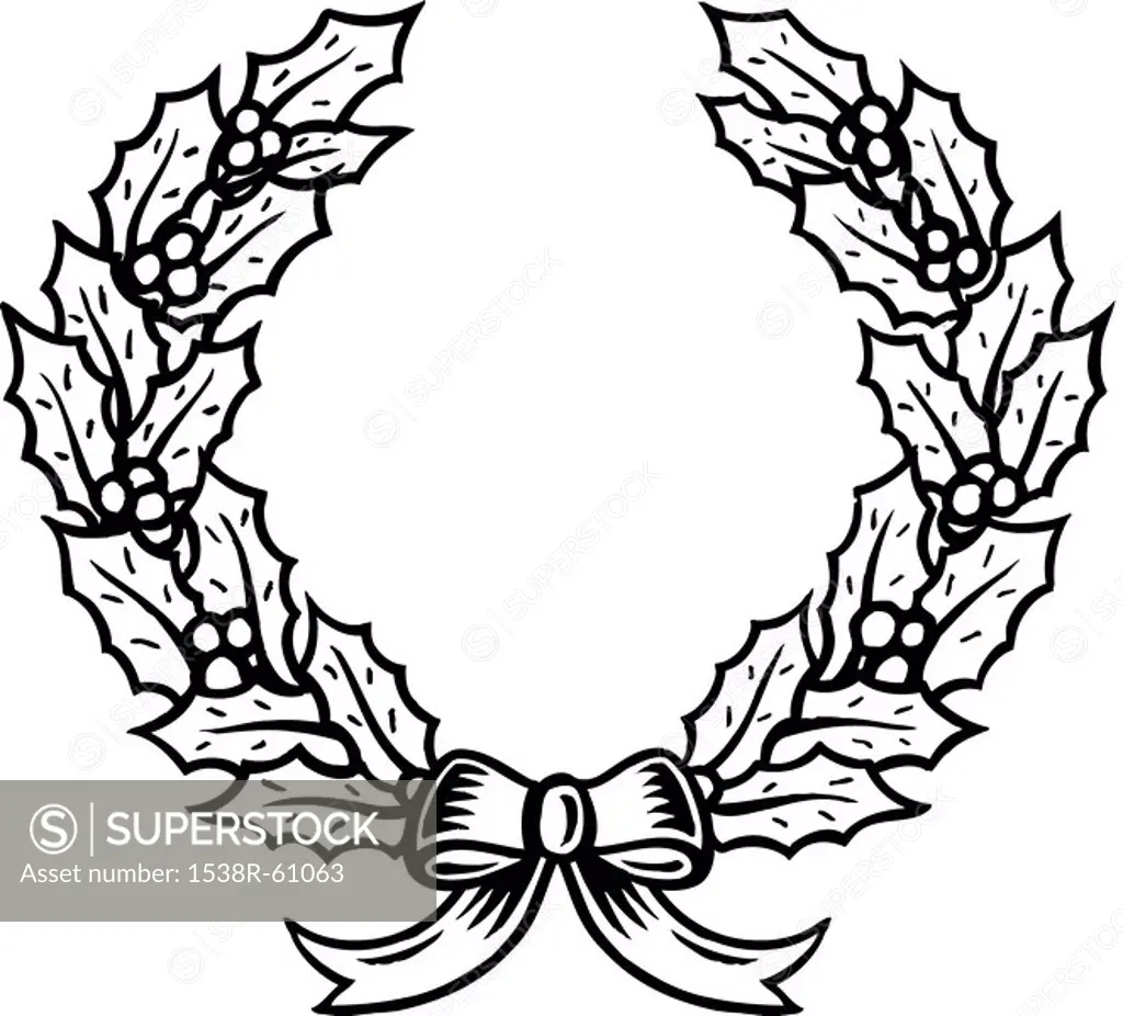A black and white drawing of a wreath