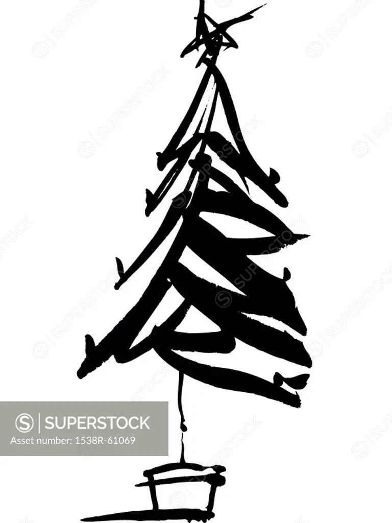 A black and white drawing of a christmas tree