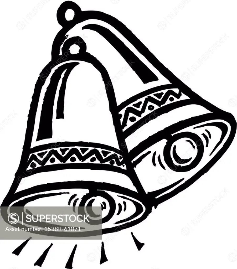 A black and white illustration of a pair of bells