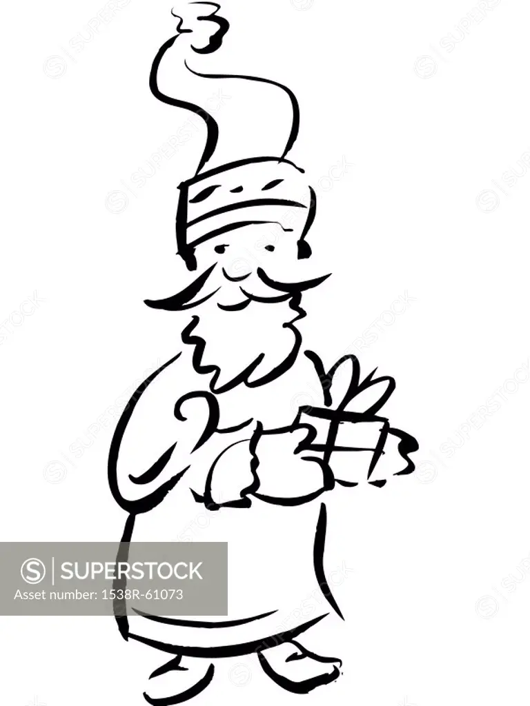 A black and white drawing of a Santa Claus holding a gift