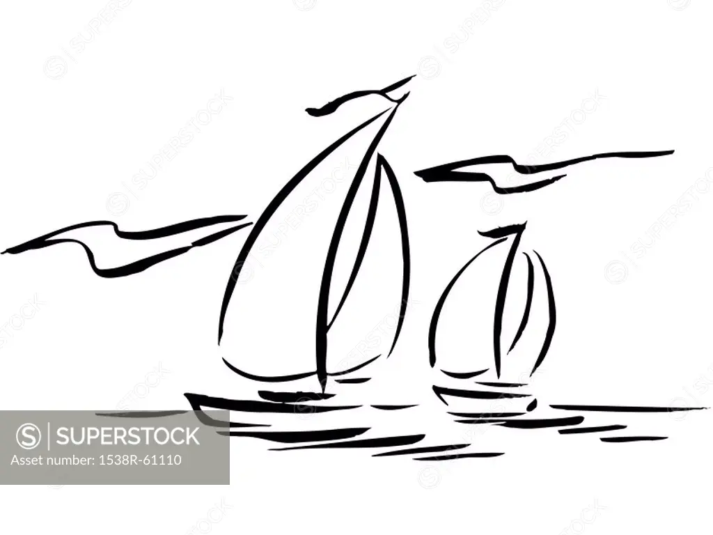 A black and white pictorial illustration of two sailboats