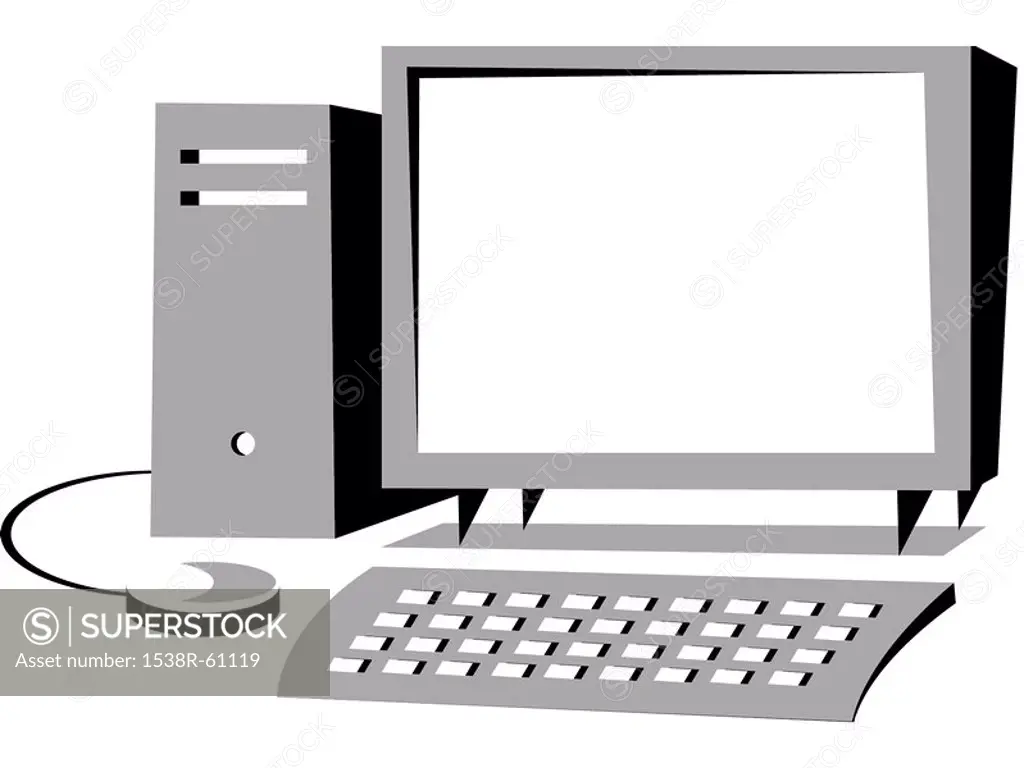 A black and white illustration of computer, keyboard, and tower
