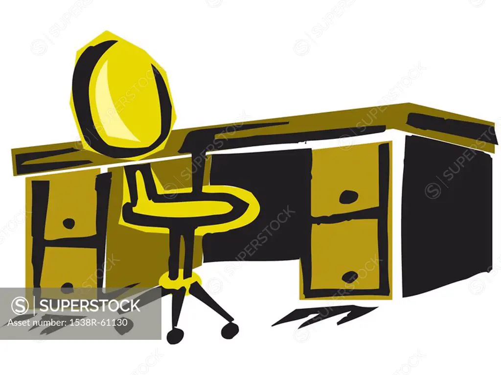 A drawing of desk and chair