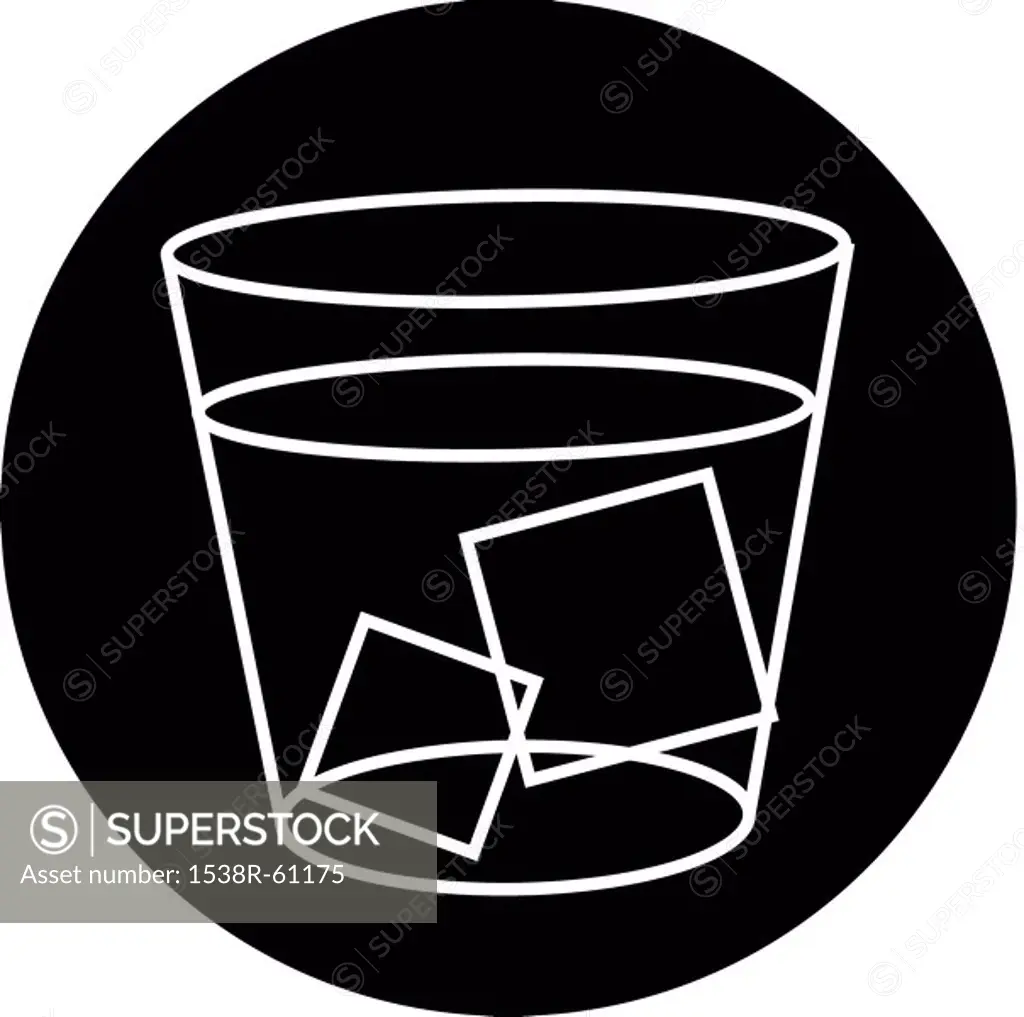 A black and white drawing of a glass with ice