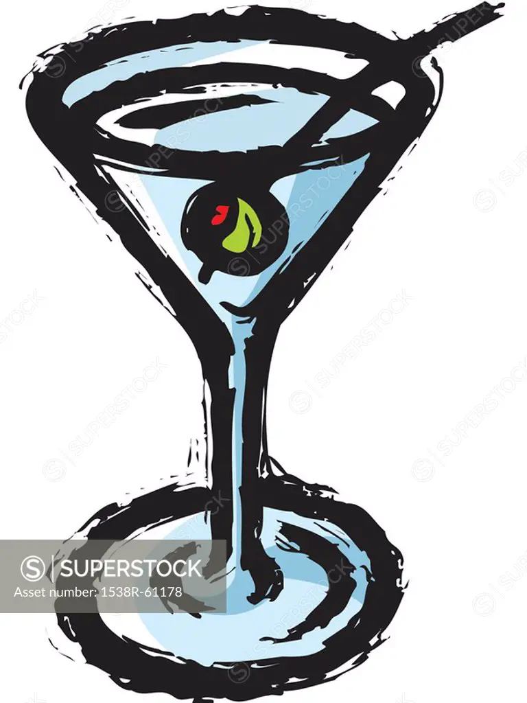 Drawing of a glass of martini with an olive garnish