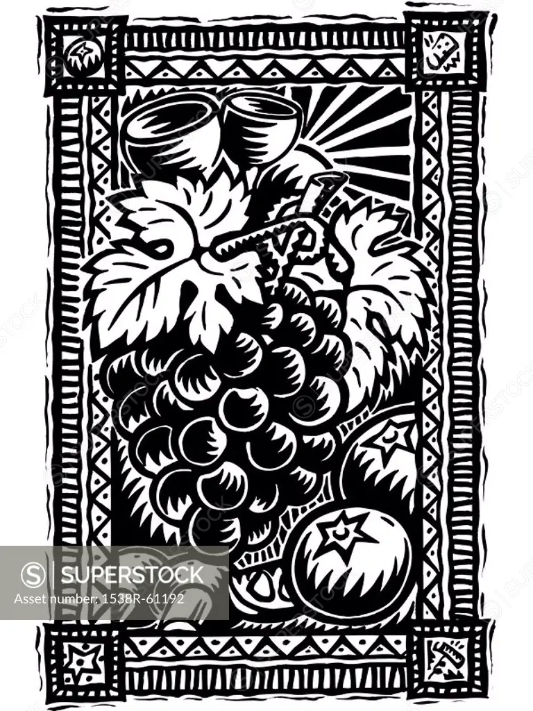 A black and white illustration of grapes and tomatoes