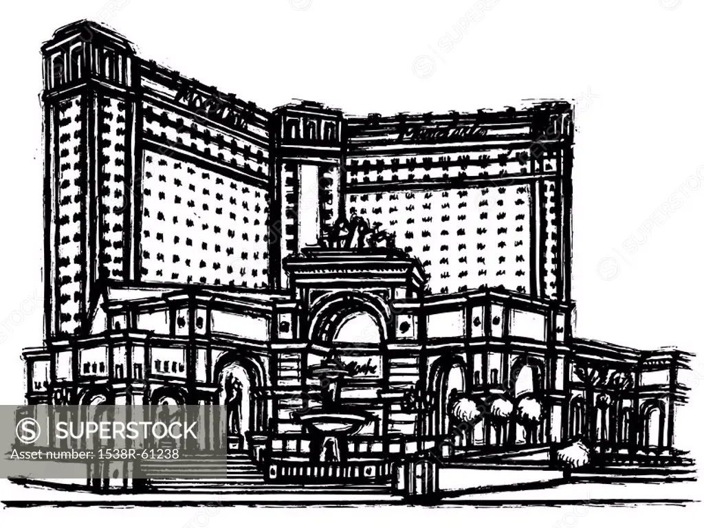 A black and white illustration of a luxurious hotel