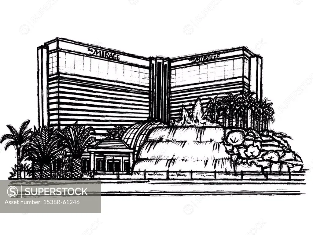 The Mirage Hotel, Las Vegas illustrated in black and white