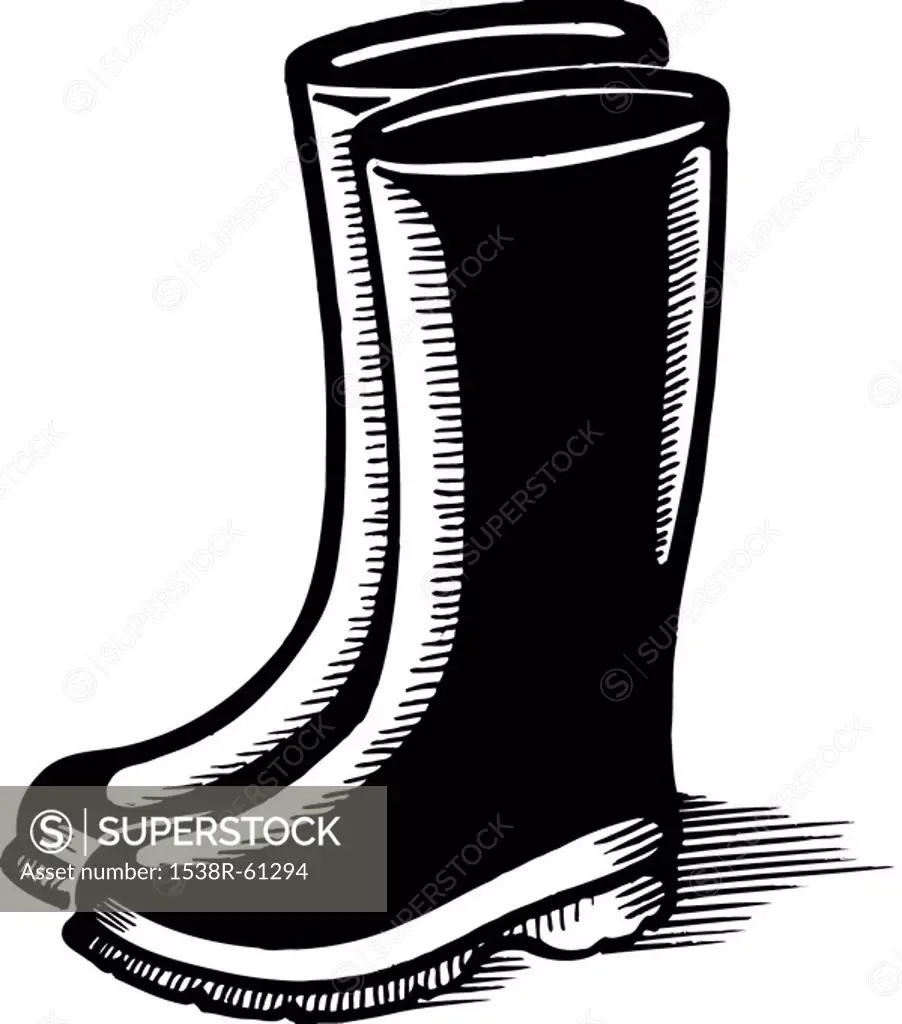 A pair of rain boots in black and white