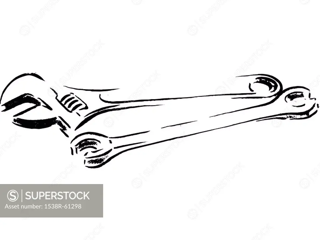 A black and white drawing of two wrenches