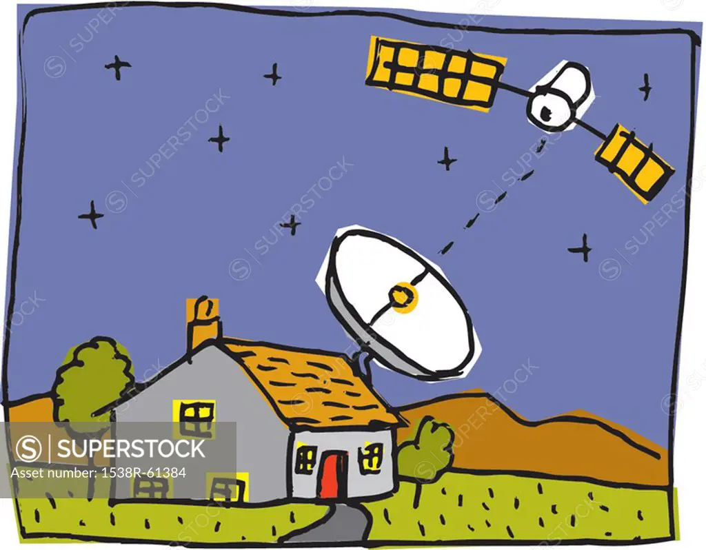 A house with a satellite dish receiving relay signals