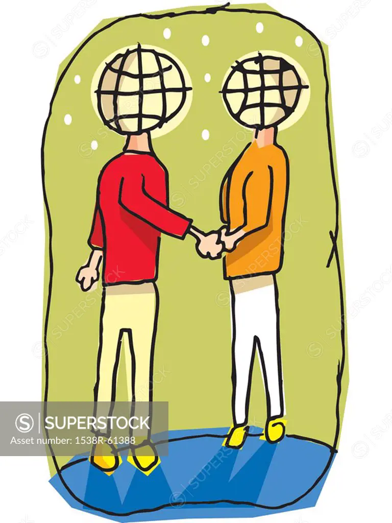 Two men with globe heads shaking hands