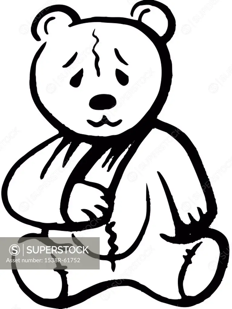 A poor teddy bear with a broken arm drawn in black and white