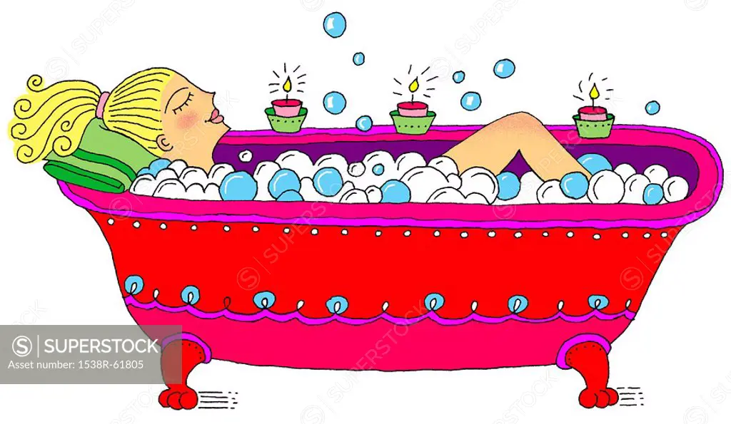 A teenage girl having a bubble bath