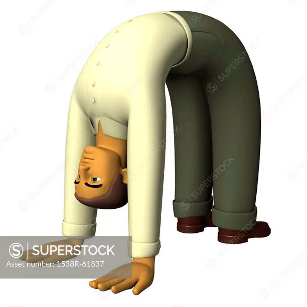 A man doing a back bend illustrated in a 3D style