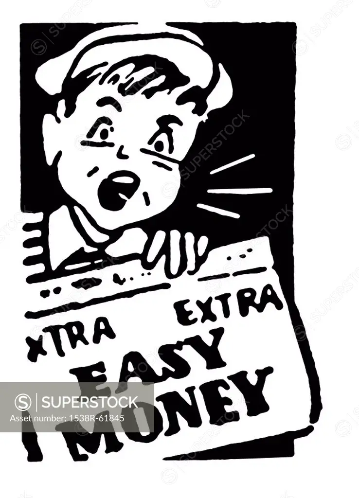 A black and white version of a young newspaper boy holding a newspaper that reads Easy Money