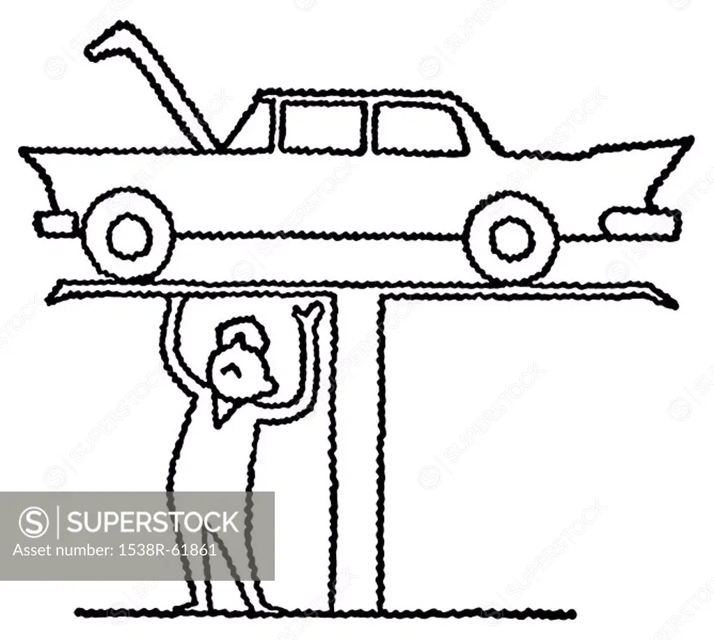 A black and white version of an illustration of a mechanic working on a car