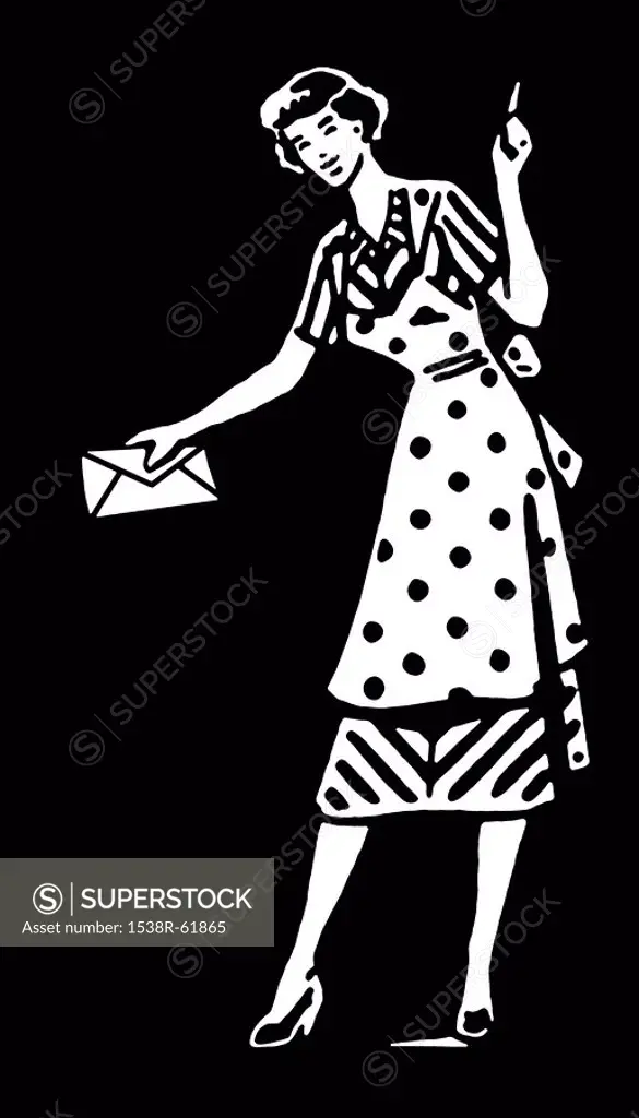 A black and white version of a vintage illustration of a woman pointing