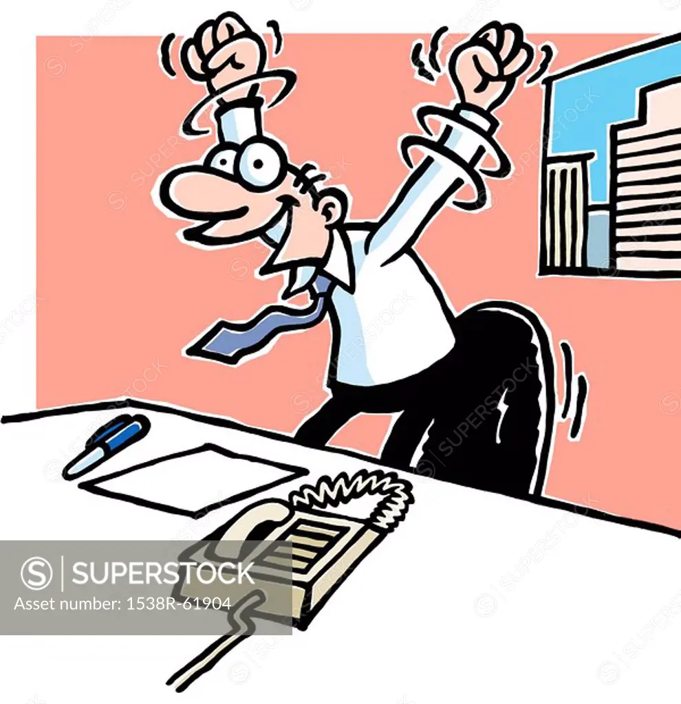A cartoon drawing of a man at work desk with his arms held in the air triumphantly