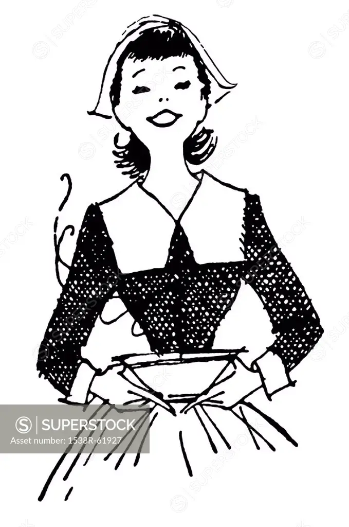 A black and white version of a vintage print of a woman delivering a hot meal